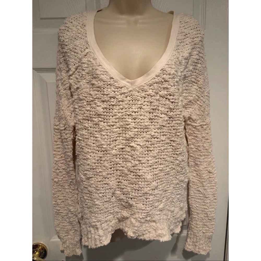 Free People Ivory V-Neck Popcorn Knit Cotton Blend Sweater Cream Small